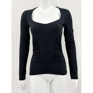 Max Mara Top Women Medium Black Long Sleeve Ruched Stretch Staple Designer Italy